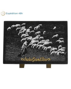 Plaque rectangle photogravure troupeau de moutons et berger 30x20cm