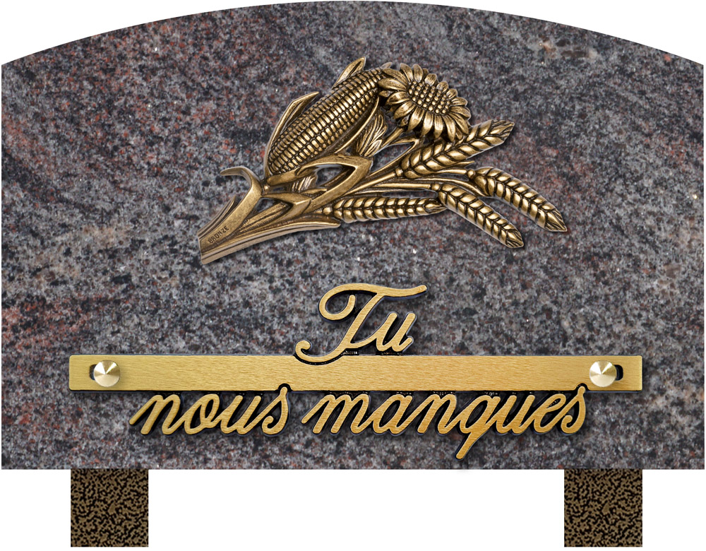 Plaque Funéraire En Granit Impala Avec Bronze Cœur Et Colombes - Personnalisable - 15x20 Cm - Fabriquée En France