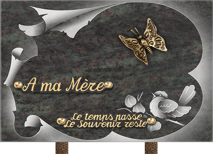 Plaque Funéraire Personnalisée En Granit 'Feuille' - Bronze Papillon, 18x25 Cm, 2 Textes, Fabriqué En France